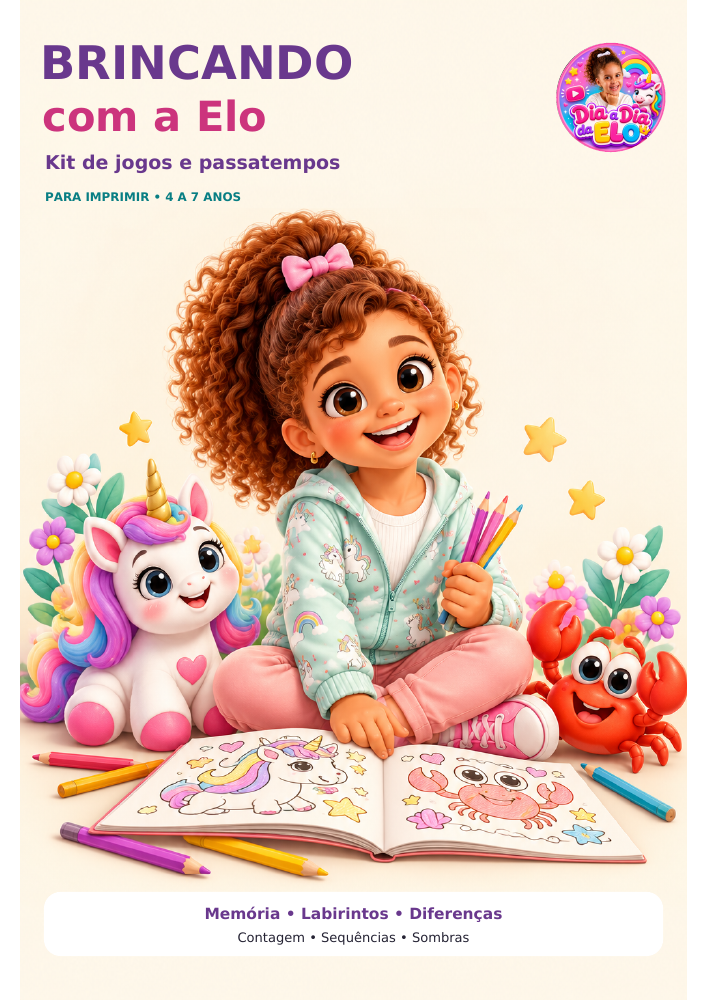 Capa do kit Brincando com a Elo, com Elô, unicórnio e caranguejo