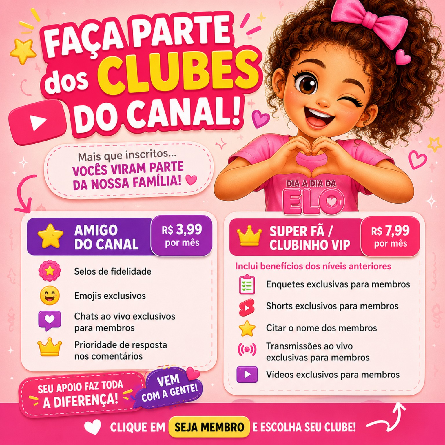 Clubes do canal: Amigo do Canal e Super Fã / Clubinho VIP. Confira os benefícios de cada nível no YouTube.