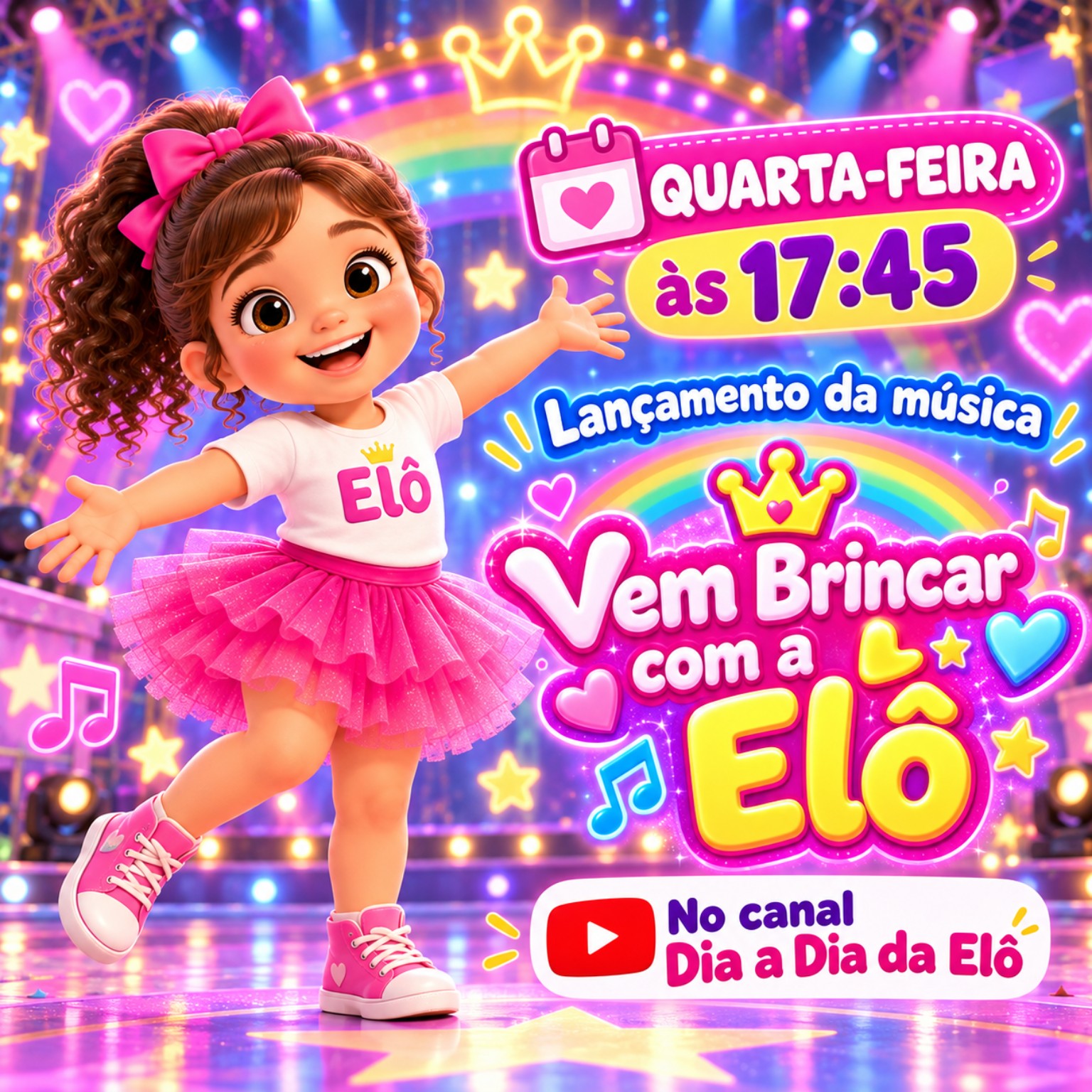 Arte de lançamento de Vem Brincar com a Elô, quarta-feira às 17:45 no YouTube